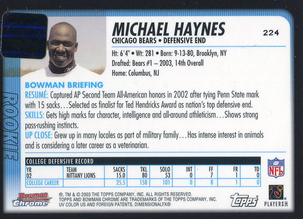 Michael Haynes Autographed 2003 Bowman Chrome Rookie Card