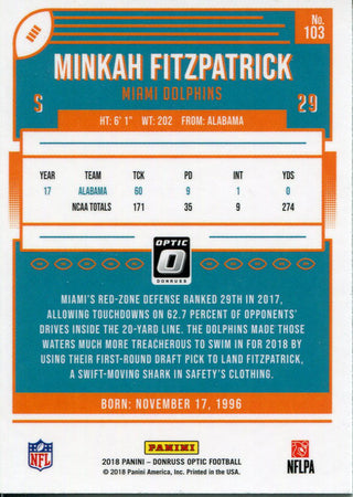 Minkah Fitzpatrick 2018 Panini Optic Rookie Card Back