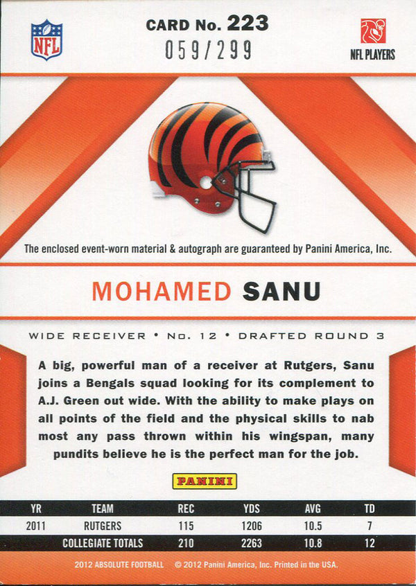 Mohamad Sanu Autographed 2012 Absolute Football Rookie Jersey Card