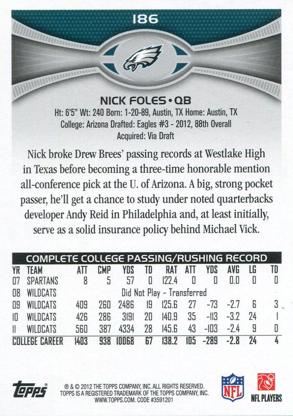 Nick Foles 2012 Topps Rookie Card Back