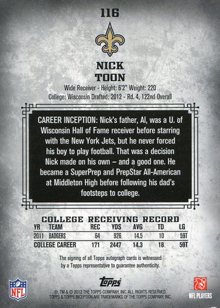 Nick Toon Autographed 2012 Topps Inception Rookie Card
