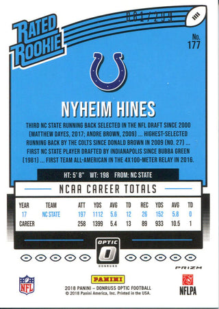 Nyheim Hines 2018 Panini Optic Light Blue Rookie Card Back