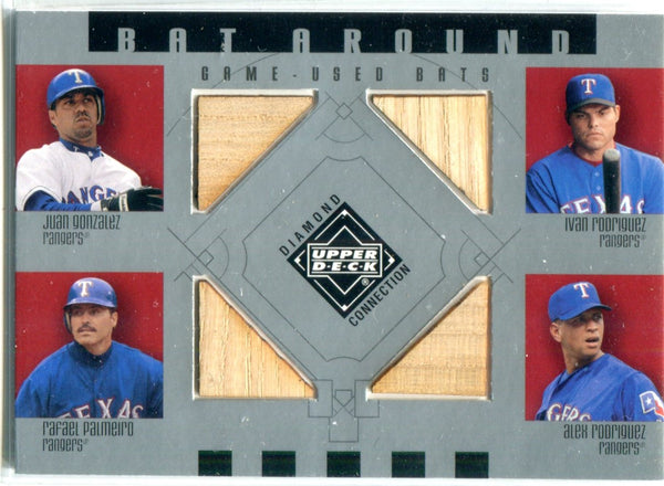 Juan Gonzalez, Ivan Rodriguez, Rafael Palmeiro, & Alex Rodriguez 2002 Upper Deck Quad Game-Used Bat Card