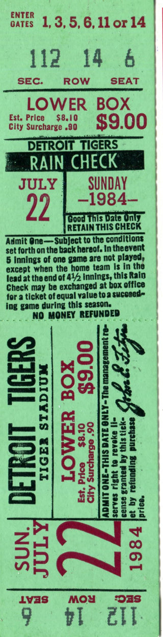 Detroit Tigers July 1984 Full Game Ticket