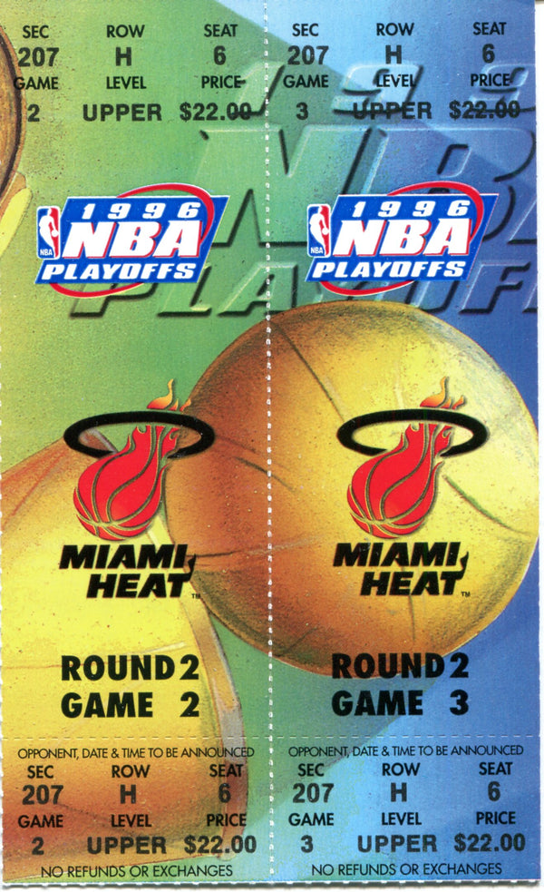 1996 Miami Heat Playoff 3 Unused Tickets