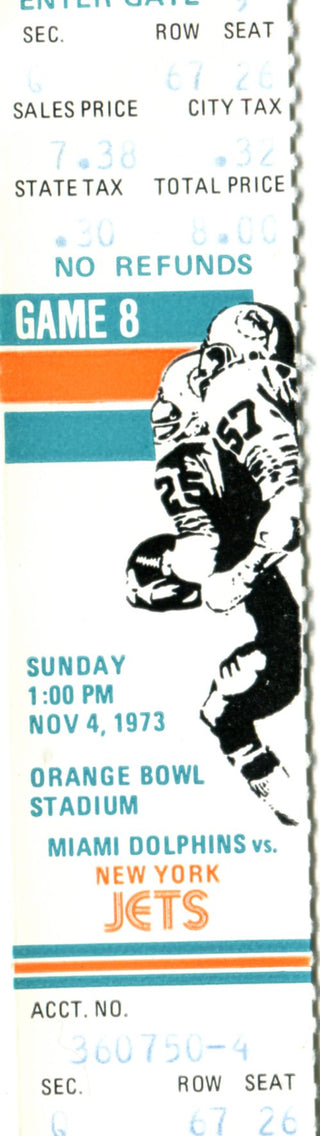 Miami Dolphins vs. New York Jets November 4th, 1973 Full Ticket