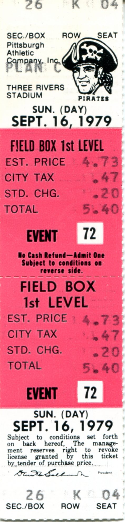 Pittsburgh Pirates Sept. 16th, 1979 Full Game Ticket
