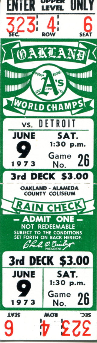 Oakland Athletics June 9th, 1973 Game Ticket