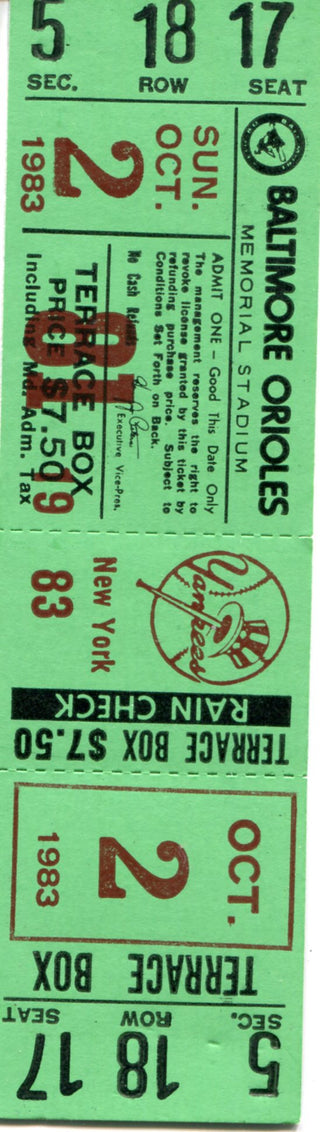 Baltimore Orioles October 2, 1983 Game Ticket