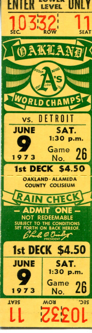 Oakland Athletics June 9th, 1973 Game Ticket