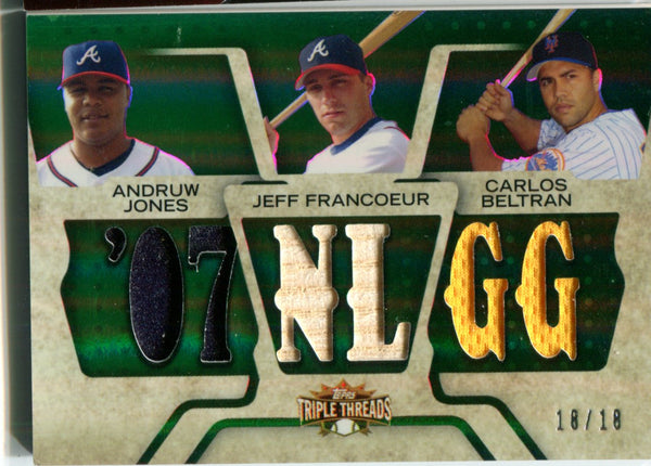 Andruw Jones, Jeff Francoeur, & Carlos Beltran 2008 Topps Triple Threads Triple Relic Card #18/18