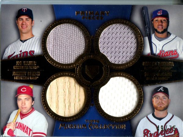 Johnny Bench, Joe Mauer, Carlos Santana, & Brian McCann 2013 Topps Museum Collection Quad Relic Card
