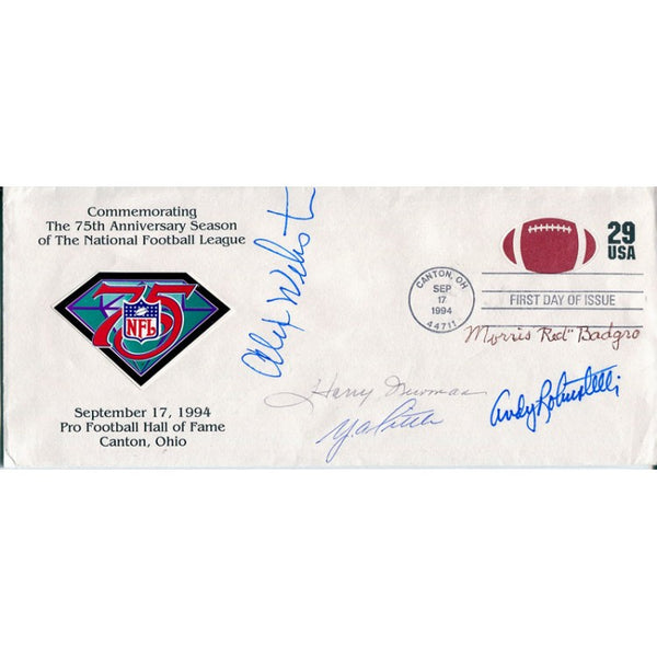 NY Giants: Alex Webster YA Tittle, Andy Robostelli, Morris Badgro, and Harry Newman Autographed 1994 First Day of Issue Cache