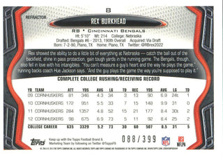 Rex Burkhead 2013 Topps Chrome Pink Refractor Rookie Card Back