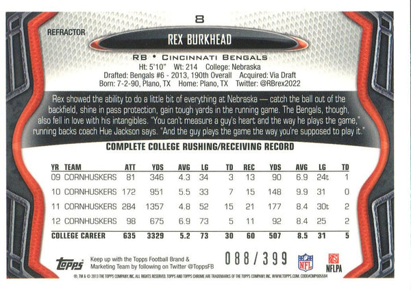Rex Burkhead 2013 Topps Chrome Pink Refractor Rookie Card Back