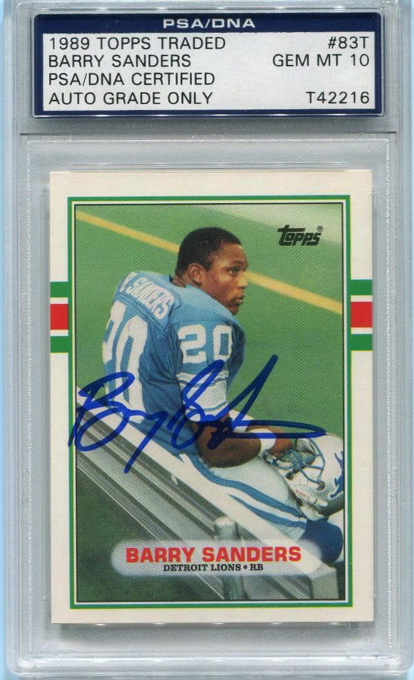 Barry Sanders Signed 1989 Topps RC Rookie Card #83t PSA Graded 10 T216