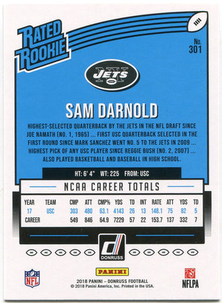 Sam Darnold 2018 Donruss Rated Rookie Card Back