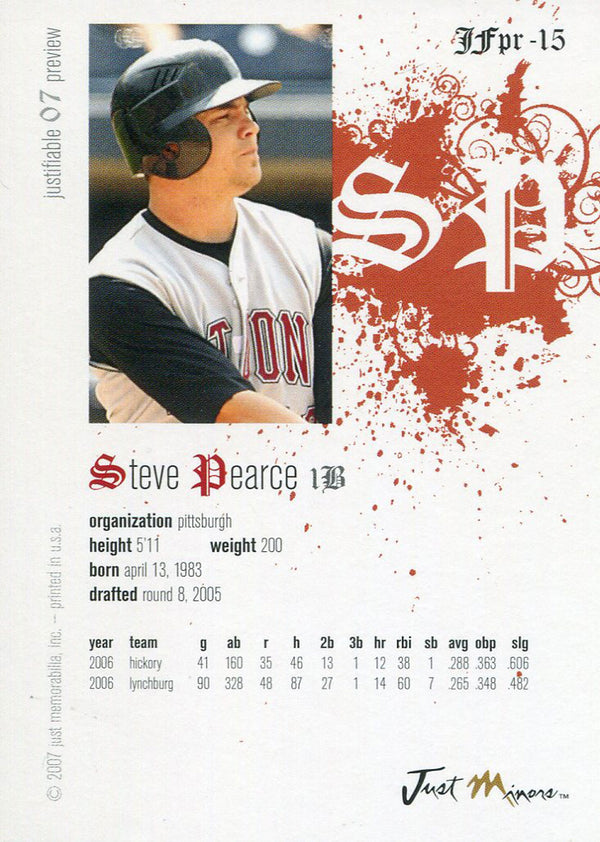 Steve Pearce 2007 Just Minors Rookie Card Back