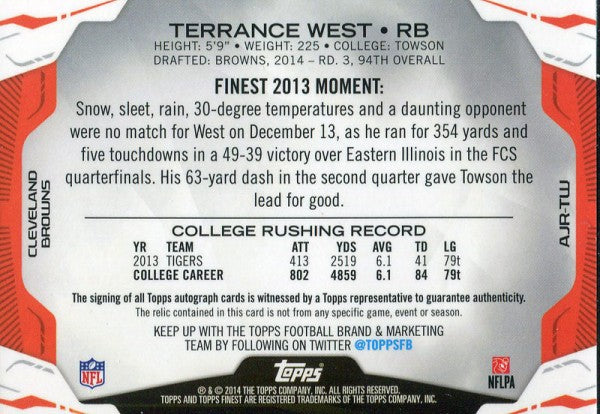 Terrance West Autographed 2014 Topps Finest Rookie Jersey Card