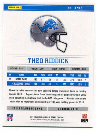Theo Riddick 2013 Panini Rookie & Stars Rookie Card Back