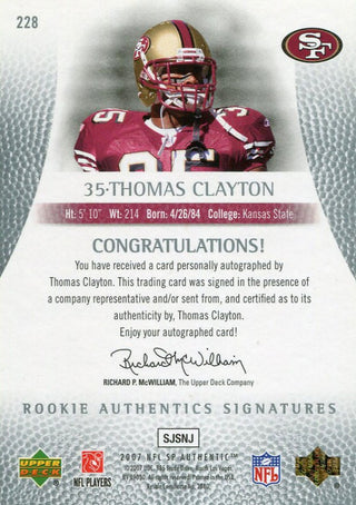 Thomas Clayton Autographed 2007 Upper Deck SP Rookie Card