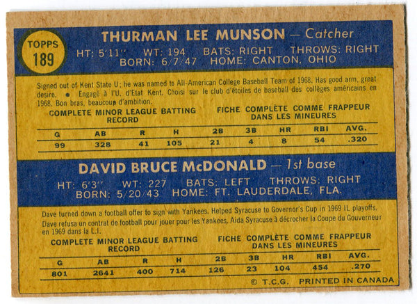 Thurman Munson 1970 O-Pee-Chee Rookie Card