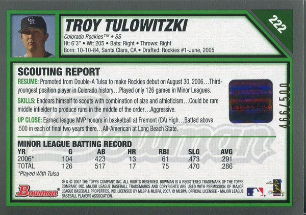 Troy Tulowitzki Autographed 2007 Bowman Rookie Card Back