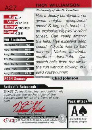 Troy Williamson Autographed 2005 Sage HIt Rookie Card