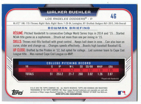 Walker Buehler 2015 Bowman Rookie Card
