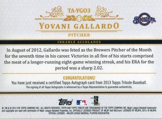 Yovani Gallardo Autographed 2013 Topps Tribute Card