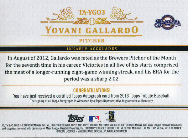 Yovani Gallardo Autographed 2013 Topps Tribute Card